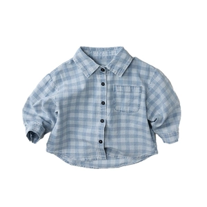 Classic blue and white gingham long sleeve shirt for kids in soft cotton blend fabric