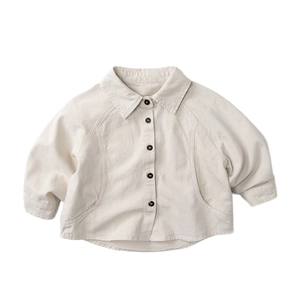 Beige oversized long-sleeve cotton shirt for children with button-up collar and pockets