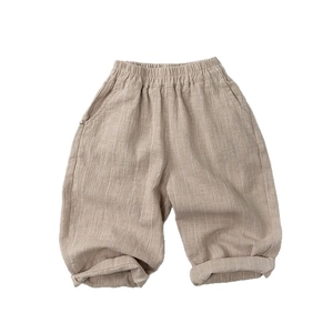 Pantalon rayé pour enfants en coton et lin beige avec taille élastique pour le confort