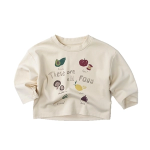 Kinder Langarm Sweatshirt in Cremeweiß mit handgezeichneten Obst und Gemüse Grafiken