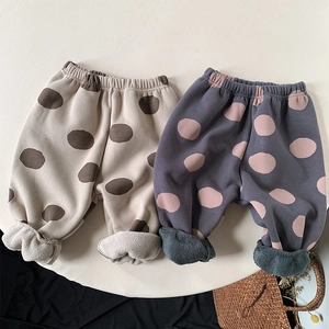 Fleece-lined toddler girls polka dot pants with warm plush lining and elastic waist