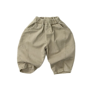 Pantalon décontracté ample en toile de coton kaki pour enfants avec taille élastique