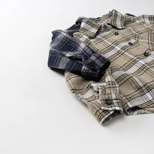 Chemises classiques à carreaux en coton à manches longues pour enfants en bleu et kaki
