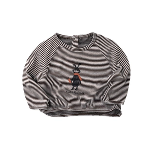 Kids striped long sleeve cotton t-shirt featuring a cute embroidered rabbit on the chest