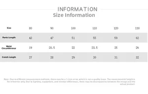 Size chart for children corduroy pants showing length and waist measurements for ages 1-7