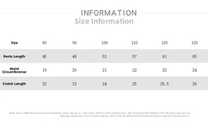 Size chart for girls' leggings showing length and waist measurements from sizes 80 to 130