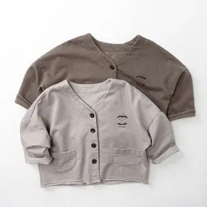 Children Knit Cotton Cardigan V-Neck Long Sleeve Sweater With Apple Embroidery For Boys Girls Spring Autumn Casual Jacket