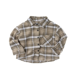 Chemise classique à carreaux kaki à manches longues en coton pour enfants avec poche