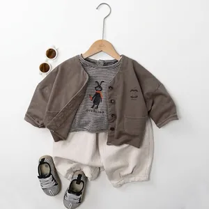 Kids Korean style knit cardigan with striped top and beige joggers set for spring