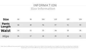Size chart table for kids trousers showing lengths from 44 to 65 cm for heights 80 to 130 cm