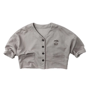 Japanese style grey knitted cardigan for kids with V-neck and apples graphic print