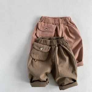 Kids loose cotton linen casual pants with elastic waist and large pockets in pink and brown