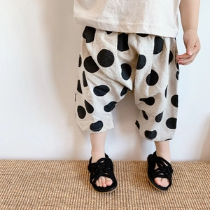 Pantalon à Pois en Lin pour Fillettes Style Coréen Décontracté Shorts Harem Amples Beige Vêtements Bébé Été