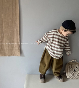 Kids autumn outfit with olive green wide-leg cargo pants and striped long sleeve t-shirt