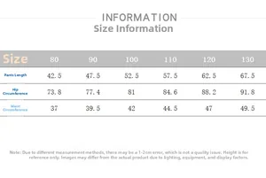 Detailed kids casual pants size chart including length, hip and waist for sizes 80 to 130