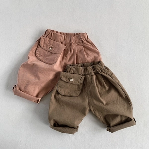 Toddler Kids Cotton Casual Cargo Pants Elastic Waist Solid Color Trousers With Big Pocket For Boys Girls Baby Clothing