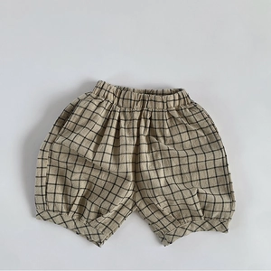 Kids Cotton Plaid Shorts Casual Korean Style Elastic Waist Checkered Summer Breathable Pants For Boys Girls Children