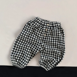 Petites Filles Pantalons Décontractés en Coton Gingham Cropped Style Coréen Jambe Large Ample Pantalons 7 Points Avec Boutons en Bois Vêtements d'Été Enfants