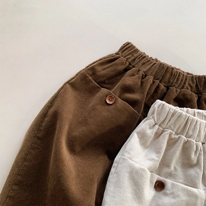 Kids corduroy casual pants with elastic waist and button pockets in brown and beige
