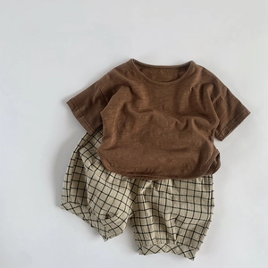 Kids linen cotton plaid shorts and t-shirt set, breathable summer casual outfit