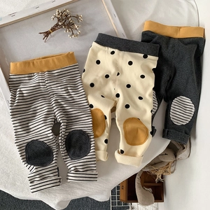 Toddler Girls Cotton Spandex Leggings Korean Casual Polka Dot Striped Knit Pants With Knee Patch Spring Autumn Baby Trousers