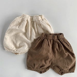 Kids Cotton Linen Shorts Korean Style Solid Color Lantern Pants Toddler Baby Summer Breathable Loose Bloomer Shorts For Boys Girls