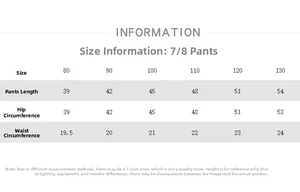 Detailed size chart for kids linen bloomers including length, hip and waist measurements