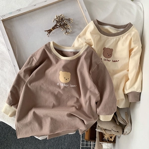 T-Shirt en Coton à Manches Longues pour Petites Filles Imprimé Ours de Dessin Animé Col Rond Décontracté Mi-long Printemps Automne