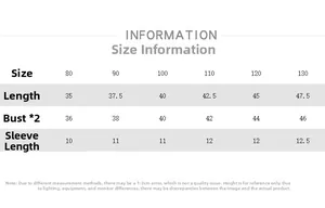 Detailed size guide for children's slub cotton t-shirt showing measurements 80-130 cm