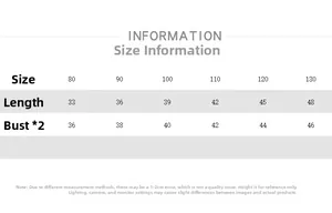 Detailed size chart for kids striped long sleeve shirt with length and chest measurements