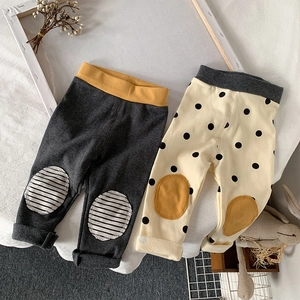 Infant cotton knit leggings set featuring grey stripes and cream polka dot designs