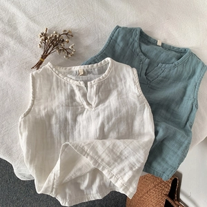 Gilet per Bambini in Garza di Cotone Senza Maniche Scollo a V Traspirante Top Estivo Casual per Ragazzi Ragazze Bianco Celeste