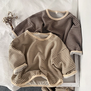 Kids long sleeve striped t-shirts in brown and beige with casual loose fit crewneck design