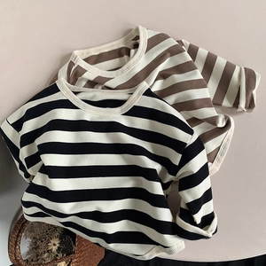 Children's Striped Long Sleeve T-Shirt Cotton Casual Round Neck Pullover For Boys Girls Spring Autumn Soft Breathable Top