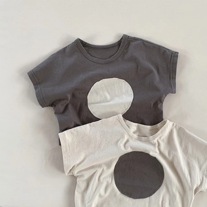 Minimalist girls short sleeve cotton T-shirts with contrast ring design in grey and beige
