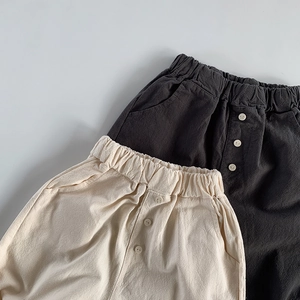 Kids loose cotton linen casual pants in beige and charcoal grey with elastic waist