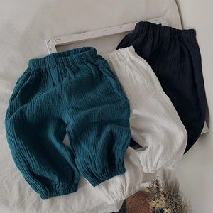 Pantalons pour enfants en mousseline de coton, couleurs bleu, blanc et noir, avec élastiques