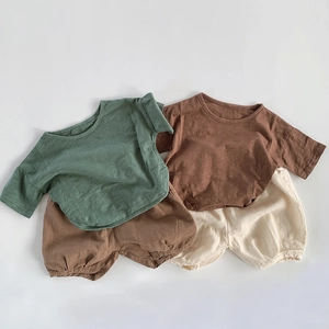 Kids cotton linen short sleeve T-shirt and shorts set in earthy tones for summer wear