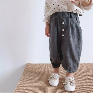Kids grey loose casual pants with button detail made of soft cotton linen fabric