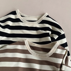 Close-up of ribbed crewneck detail on striped long sleeve cotton shirts for girls