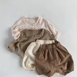 Linen cotton baby clothing sets with long sleeve cardigans and bloomer shorts