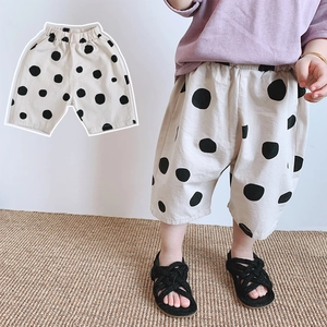 Kids Summer Cotton Polka Dot Pants Korean Style Loose Breathable Three-Quarter Trousers For Toddler Boys Girls Casual Bottoms