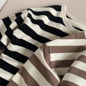 Detailed view of striped long-sleeve cotton shirts with ribbed crewneck texture