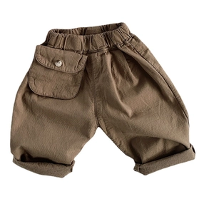 Coffee brown casual cotton pants for toddler boys with elastic waist and large cargo pocket