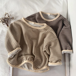 Korean Style Toddler Kids Striped Long Sleeve T-Shirt Soft Cotton Round Neck Bottoming Shirt For Boys Girls Casual Top