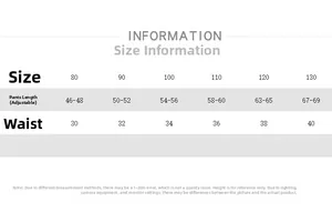 Detailed size chart for kids cotton breathable overalls covering sizes 80 to 130