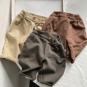 Unisex Kids Casual Cotton Trousers Loose Elastic Waist Pants With Wooden Button Solid Color Autumn Winter Children Clothing