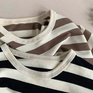 Detail of ribbed crew neck and thick cotton fabric texture on striped long sleeve t-shirts