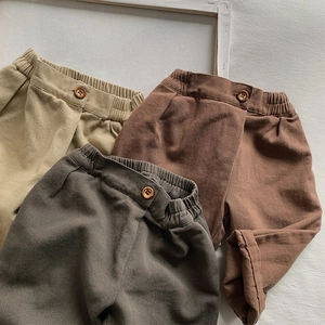 Kids casual loose cotton trousers in khaki, dark brown and olive green colors
