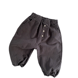 Kids minimalist dark grey cotton linen trousers with elastic waist and wood buttons